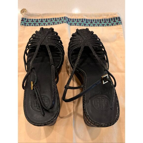 Tory Burch Women's Strappy Leather Snakeskin Platform Wedge Sandals Black Size 9 - Picture 7 of 10